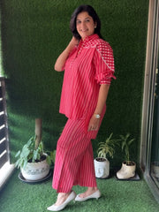 Pink Striped Premium Cotton Co-Ord Set with Yoke Detailing