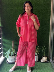 Pink Striped Premium Cotton Co-Ord Set with Yoke Detailing