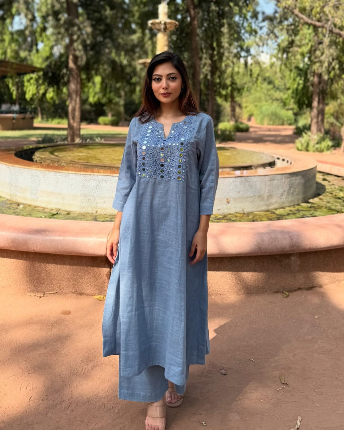 Elegant Blue Cotton Slub Mirror Work Kurta Palazzo Set