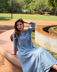 Elegant Blue Cotton Slub Mirror Work Kurta Palazzo Set