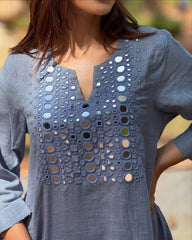 Elegant Blue Cotton Slub Mirror Work Kurta Palazzo Set