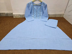 Elegant Blue Cotton Slub Mirror Work Kurta Palazzo Set