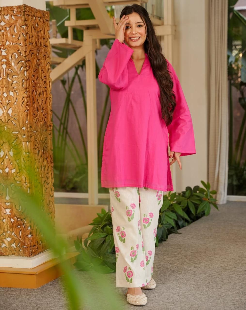 Reign Rani Pink Cotton Printed Kurta Pant Set