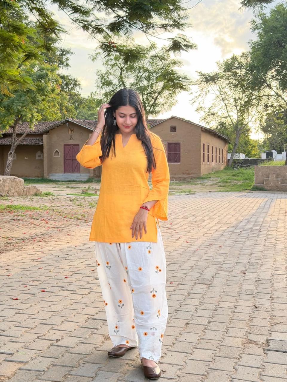 Tanvi Kurti Sunshine Orange Lace-Up Cotton Kurta Palazzo Set