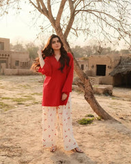 Tanvi Kurti Red Solid Kurta with Floral Palazzo Set