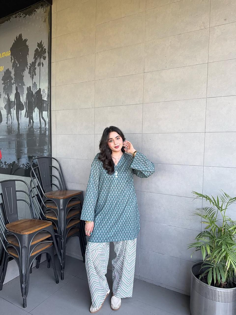 Tanvi Kurti Sage Green Printed Kurta Palazzo Set