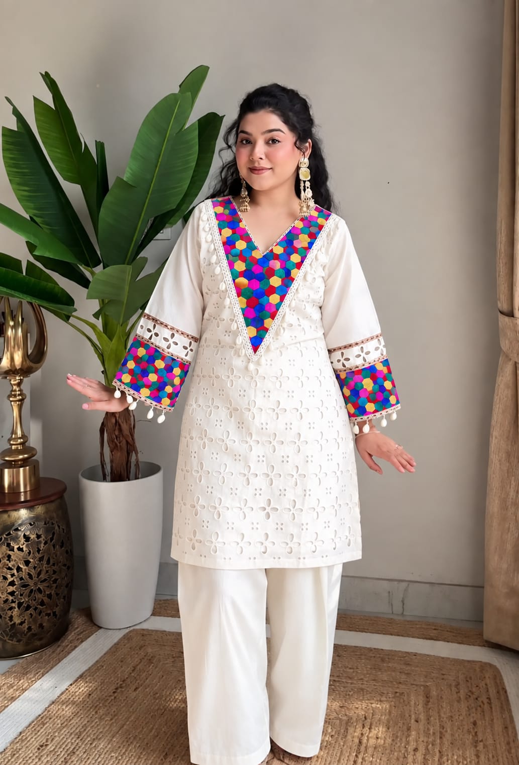 Ivory Elegance Multicolor Embroidered Premium Cotton Kurti Set