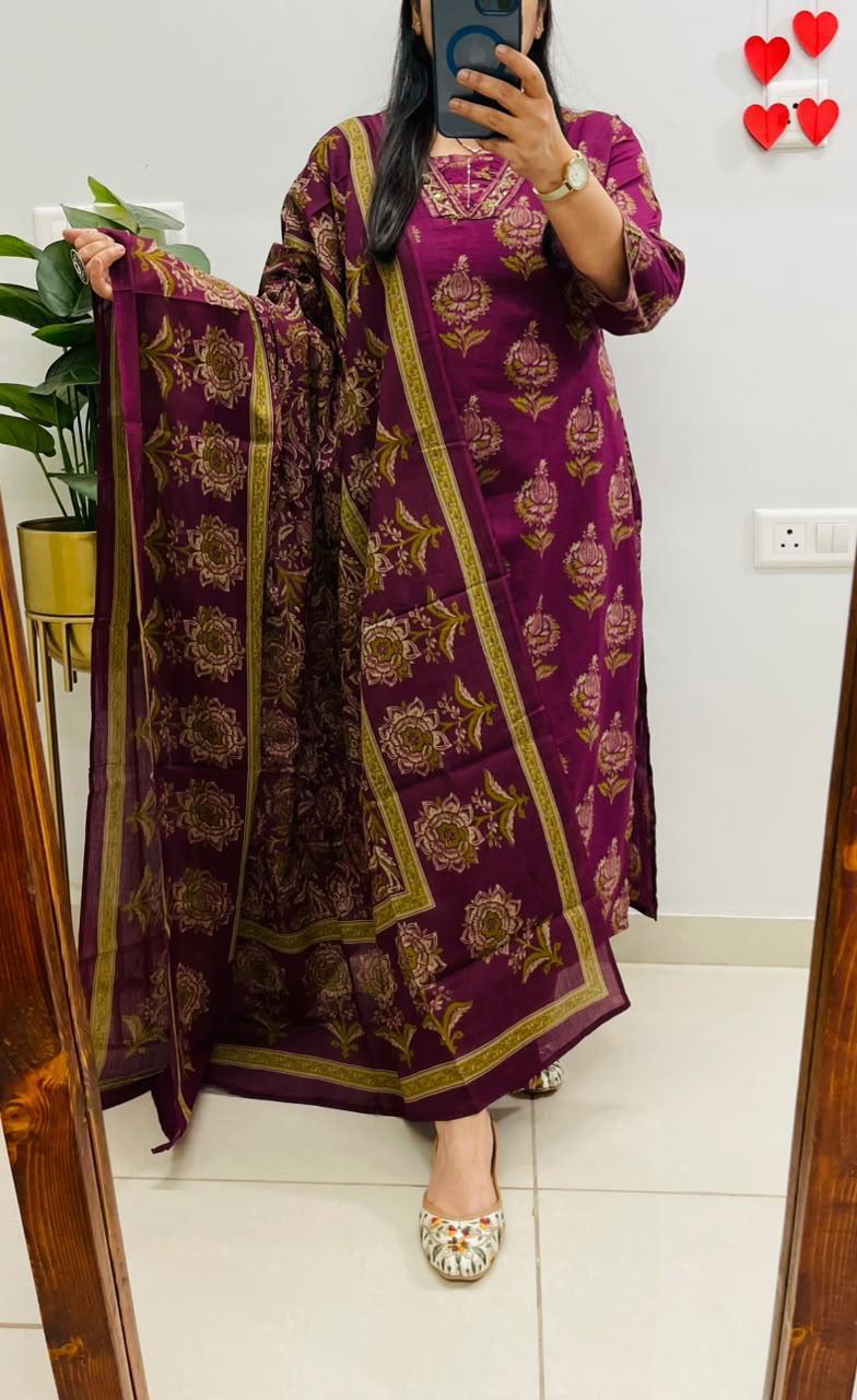 Premium Heavy Cotton Aari Mirror Work Suit Set