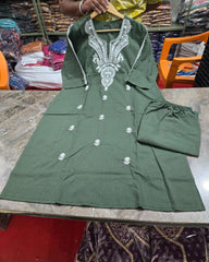 Beautiful Olive Green Cotton Kurta Pant Set