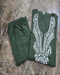 Beautiful Olive Green Cotton Kurta Pant Set