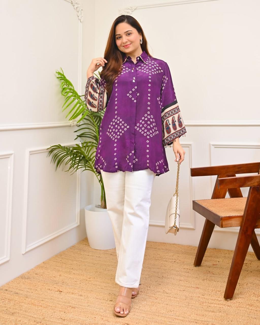 Mustard Bandhani Print Cotton Shirt Tunic