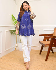 Mustard Bandhani Print Cotton Shirt Tunic