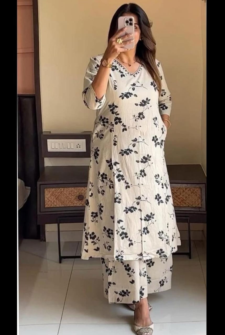 Tanvi Kurti Ivory Bloom Embroidered Cotton Kurta Set