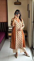 Women’s Sanganeri Block Print Cotton Kurta Pant Set with Moti & Sequin Work