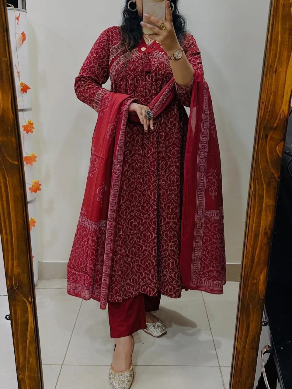 Tanvi Kurti Maroon Printed Anarkali Dupatta Set - Tanvi Kurti