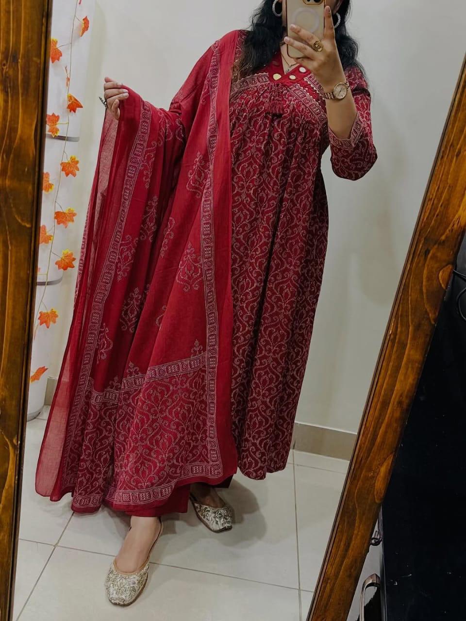Tanvi Kurti Maroon Printed Anarkali Dupatta Set - Tanvi Kurti
