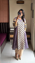 Women’s Sanganeri Block Print Cotton Kurta Pant Set with Moti & Sequin Work